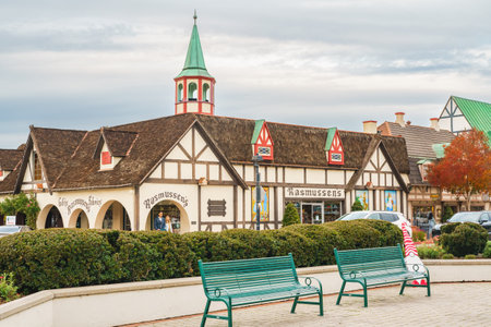Solvang, California, USA - December 8, 2022  Downtown of Solvang, restaurants with people, street view, tourists. Danish Style, little Denmark in Californiaのeditorial素材