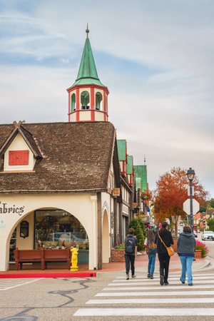 Solvang, California, USA - December 8, 2022  Downtown of Solvang, restaurants with people, street view, tourists. Danish Style, little Denmark in Californiaのeditorial素材