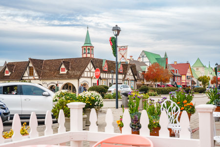 Solvang, California, USA - December 8, 2022  Solvang Main Street. Architecture, street view, traditional Danish Style, little Denmark in Californiaのeditorial素材