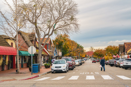 Solvang, California, USA - December 8, 2022  Downtown of Solvang, restaurants with people, street view, tourists. Danish Style, little Denmark in Californiaのeditorial素材