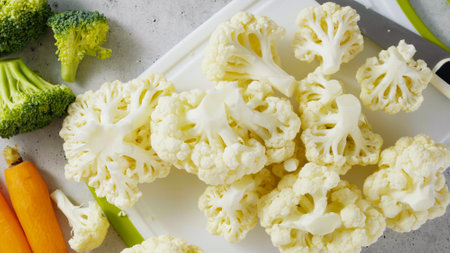 Fresh raw organic cauliflower florets  close-up on a cutting board on the kitchen table, flat layの写真素材
