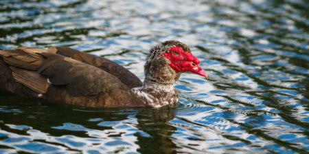 The Muscovy duck (Cairina moschata). Close up portrait of a large duck, native to Mexico and Central and South America, swimming in waterの写真素材