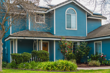 Beautiful houses with nicely landscaped front the yard in small town in California. Architecture, ornamental plants and flowers, palm trees, and cloudy sky in the backgroundの写真素材
