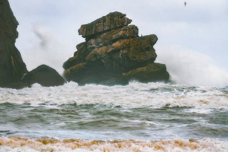 Waves crashing on rock. Morro rock, the centerpiece of Morro Bay, California pacific Coast.の写真素材