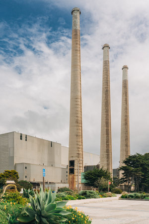 Morro Bay, California, USA  - March 22, 2023.  Morro Bay city famous landmark, Power plants visible from 10 miles awayのeditorial素材