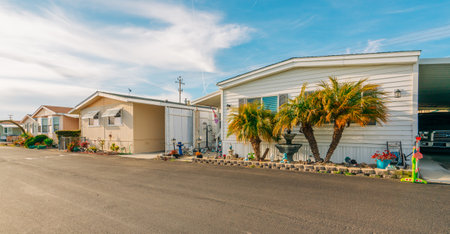 Mobile home park, age-restricted (55+) community in small beach town in California. Architecture, street viewの写真素材