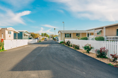 Mobile home park, age-restricted (55+) community in small beach town in California. Architecture, street viewの写真素材