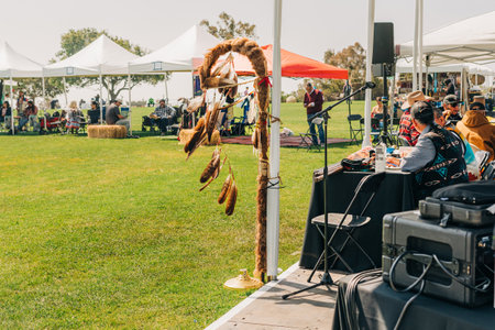 Malibu, California, USA - April 2, 2023. Chumash Day Pow Wow and Inter-tribal Gathering. The Malibu Bluffs Park is celebrating 23 years of hosting the Annual Chumash Day Powwow.のeditorial素材