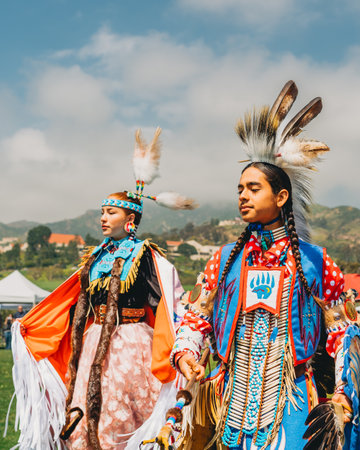 Malibu, California, USA - April 2, 2023. Chumash Day Pow Wow and Inter-tribal Gathering. The Malibu Bluffs Park is celebrating 23 years of hosting the Annual Chumash Day Powwow.のeditorial素材