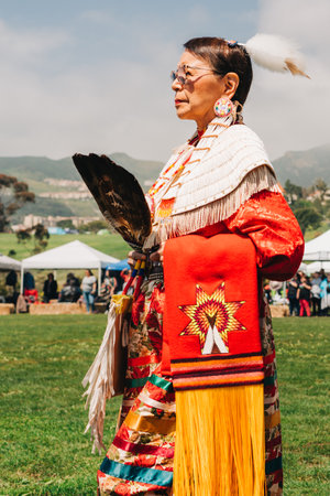 Malibu, California, USA - April 2, 2023. Chumash Day Pow Wow and Inter-tribal Gathering. The Malibu Bluffs Park is celebrating 23 years of hosting the Annual Chumash Day Powwow.のeditorial素材