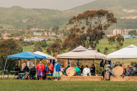 Malibu, California, USA - April 2, 2023. Chumash Day Pow Wow and Inter-tribal Gathering. The Malibu Bluffs Park is celebrating 23 years of hosting the Annual Chumash Day Powwow.のeditorial素材