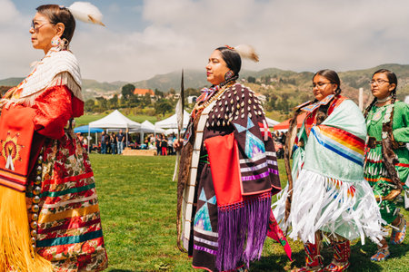 Malibu, California, USA - April 2, 2023. Chumash Day Pow Wow and Inter-tribal Gathering. The Malibu Bluffs Park is celebrating 23 years of hosting the Annual Chumash Day Powwow.のeditorial素材