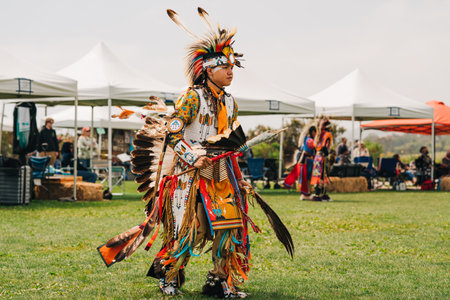 Malibu, California, USA - April 2, 2023. Chumash Day Pow Wow and Inter-tribal Gathering. The Malibu Bluffs Park is celebrating 23 years of hosting the Annual Chumash Day Powwow.のeditorial素材