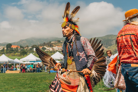 Malibu, California, USA - April 2, 2023. Chumash Day Pow Wow and Inter-tribal Gathering. The Malibu Bluffs Park is celebrating 23 years of hosting the Annual Chumash Day Powwow.のeditorial素材
