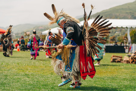 Malibu, California, USA - April 2, 2023. Chumash Day Pow Wow and Inter-tribal Gathering. The Malibu Bluffs Park is celebrating 23 years of hosting the Annual Chumash Day Powwow.のeditorial素材