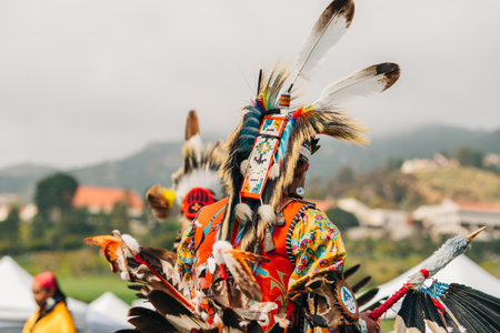Malibu, California, USA - April 2, 2023. Chumash Day Pow Wow and Inter-tribal Gathering. The Malibu Bluffs Park is celebrating 23 years of hosting the Annual Chumash Day Powwow.のeditorial素材
