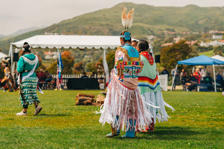 Malibu, California, USA - April 2, 2023. Chumash Day Pow Wow and Inter-tribal Gathering. The Malibu Bluffs Park is celebrating 23 years of hosting the Annual Chumash Day Powwow.のeditorial素材
