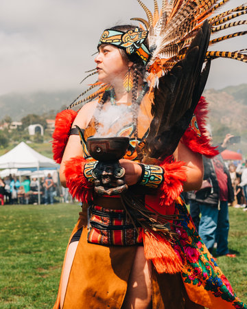 Malibu, California, USA - April 2, 2023. Chumash Day Pow Wow and Inter-tribal Gathering. The Malibu Bluffs Park is celebrating 23 years of hosting the Annual Chumash Day Powwow.のeditorial素材