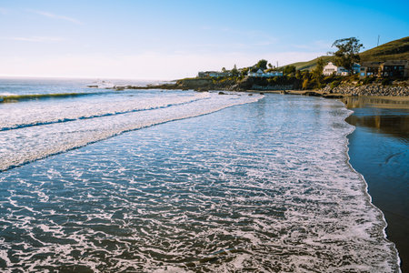 Cayucos, California, USA- December 25, 2022. Cayucos State Beach is right on the waterfront in the town of Cayucos, Central Coast of Californiaのeditorial素材