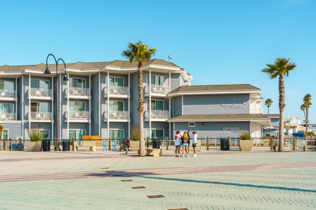 Pismo Beach, California, USA - April 6, 2023. Vespera Resort hotel, a great choice for beach stay in Pismo Beach. street view from Pismo Beach Pier plaza.のeditorial素材