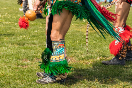 Powwow. Native Americans dressed in full Regalia. Close-up details of Regalia. Chumash Day Powwowの写真素材