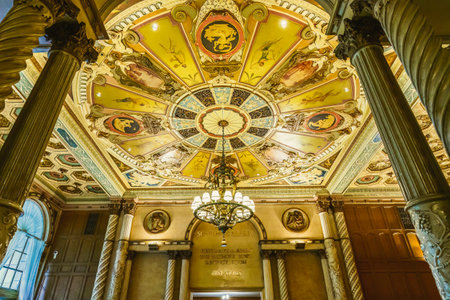 Los Angeles, California, USA - April 25, 2023. Historic Millennium Biltmore Hotel interior. Frescoed...