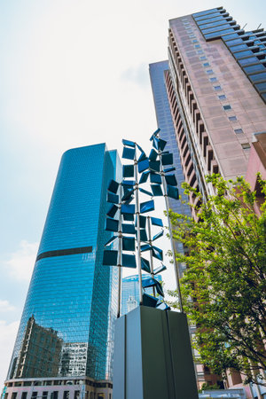Los Angeles, California, USA - April 25, 2023. City of Los Angeles. Skyscrapers and street art in Downtown, low angle view, vertical bannerのeditorial素材