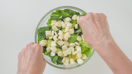Woman mixing salad. Lettuce, celery, and avocado salad with cuts of mozzarella, and lemon olive oil salad dressing in a glass bowl on white background, flat lay.の写真素材