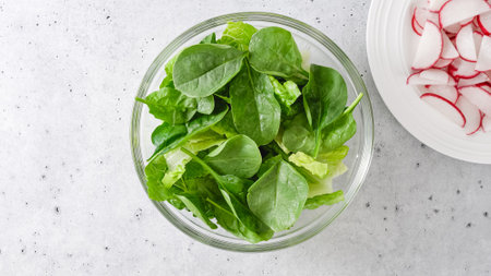 Spring mix salad in a glass bowl. Romaine lettuce, baby spinach, and fresh radish slices close-up on the kitchen table, flat lay with copy spaceの写真素材