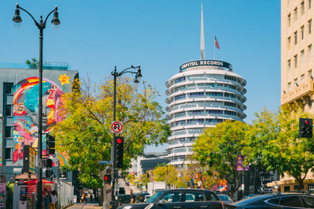 Los Angeles, California, USA - April 26, 2023. The Capitol Records Building, also known as the Capitol Records Tower, a 13-story tower building in Hollywood, Los Angelesのeditorial素材