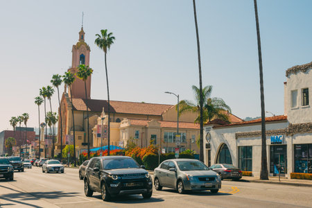 Los Angeles, California, USA - April 26, 2023.   Sunset Boulevard in West Hollywood on a bright sunny day. Architecture, traffic, city lifeのeditorial素材
