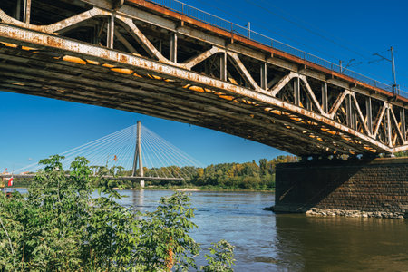 Warsaw, Poland, September 15, 2023 - Bridge over the Vistula river in Warsaw, Poland, in a bright sunny dayのeditorial素材