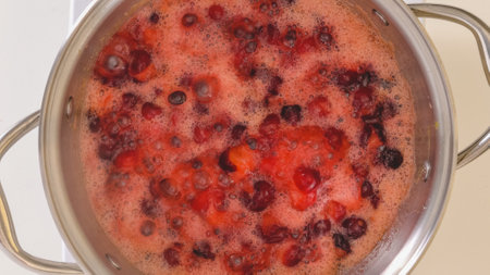 Cranberry sauce recipe. Boiling sauce in a pot close-up, view from above