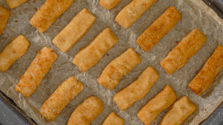 Crunchy breaded fish sticks made from wild caught Alaskan Pollock close-up on a baking pan, just...