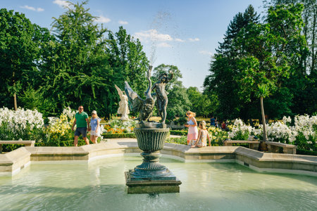 Warsaw, Poland - July 15, 2023. Fountain near Wilanow Palace in Warsaw, Poland - a baroque royal palace located in the WilanÃ³w district.のeditorial素材