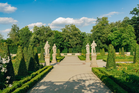 Warsaw, Poland - July 15, 2023. Wilanow Palace park and garden in Warsaw, Poland - a baroque royal palace located in the WilanÃ³w district.のeditorial素材