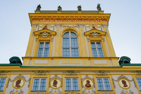 Warsaw, Poland - July 15, 2023. Wilanow Palace in Warsaw, Poland - a baroque royal palace located in the WilanÃ³w district. Close-up view of the baroque facade.のeditorial素材