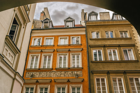 Warsaw, Poland - July 16, 2023. Warsaw's Old Town  apartment buildings and tenement houses. Architecture, street viewのeditorial素材