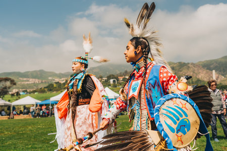 Malibu, California, USA - April 2, 2023. Chumash Day Pow Wow and Inter-tribal Gathering. The Malibu Bluffs Park is celebrating 23 years of hosting the Annual Chumash Day Powwow.のeditorial素材