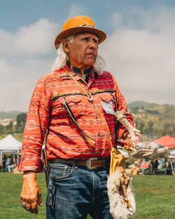 Malibu, California, USA - April 2, 2023. Chumash Day Pow Wow and Inter-tribal Gathering. The Malibu Bluffs Park is celebrating 23 years of hosting the Annual Chumash Day Powwow.のeditorial素材