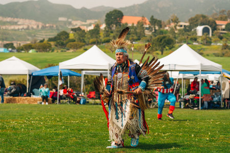 Malibu, California, USA - April 2, 2023. Chumash Day Pow Wow and Inter-tribal Gathering. The Malibu Bluffs Park is celebrating 23 years of hosting the Annual Chumash Day Powwow.のeditorial素材