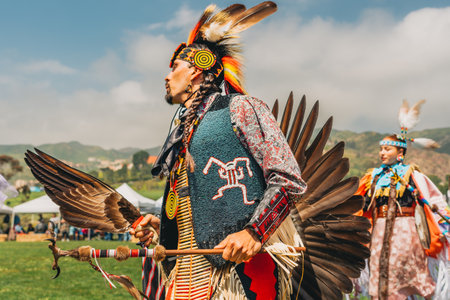 Malibu, California, USA - April 2, 2023. Chumash Day Pow Wow and Inter-tribal Gathering. The Malibu Bluffs Park is celebrating 23 years of hosting the Annual Chumash Day Powwow.のeditorial素材