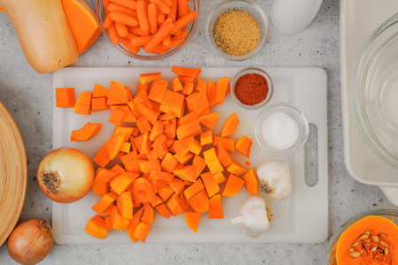 Peeled and chopped butternut squash, carrot, garlic, and onion close-up from above. Butternut squash soup recipe, ingredients on a kitchen tableの写真素材
