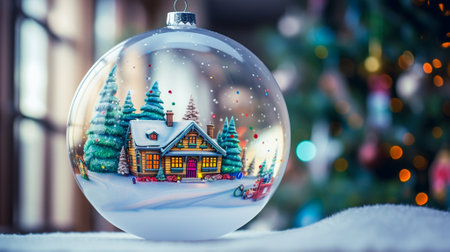 A frozen transparent glass Christmas ball with a bright snow-covered  cottage inside is hanging on a branch of a Christmas tree. AI-generated imageの素材