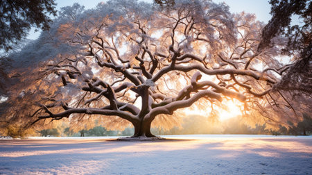 An epic, towering oak tree stands in the winter landscape, its majestic silhouette silhouetted against the fiery hues of a setting sun, AI-generatedの素材