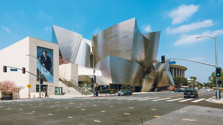 Los Angeles, California, USA - April 25, 2023. The Wall Disney Concert Hall at 111 South Grand Avenue in downtown City of Los Angeles, music center designed by Frank Gehry.のeditorial素材