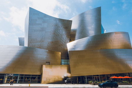 Los Angeles, California, USA - April 25, 2023. The Wall Disney Concert Hall at 111 South Grand Avenue in downtown City of Los Angeles, music center designed by Frank Gehry.のeditorial素材