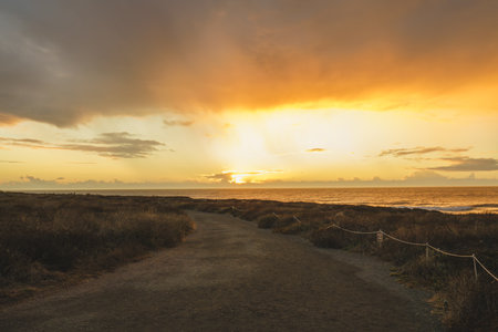A coastal walkway bathed in the warm glow of a golden sunset, with a bright and radiant sky...