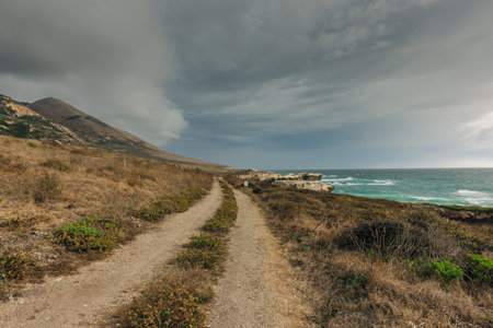 Hiking trail along the coastal shore at Point Buchon Overlook in Montana de Oro State park, California Coastlineの写真素材