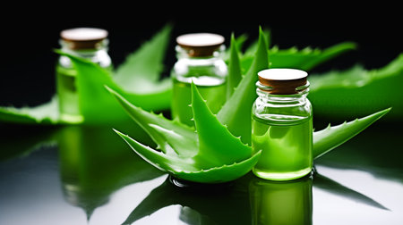 Aloe Vera leaves and Aloe Vera gel and cream, product photography, black background with a copy spaceの素材